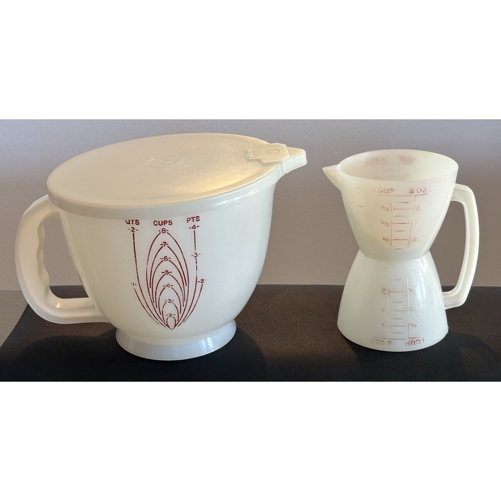 Vtg Tupperware Mix-N-Store 2 Qt Measuring Pitcher Bowl & 2 Sided Dry Wet 1 Cup